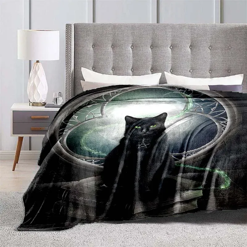 Black Cat Blanket Plush Thermal Bedspread Shawl for Bed Sofa Fleece Flannel Animals Print Throw Blankets Soft Warm Thin Quilt