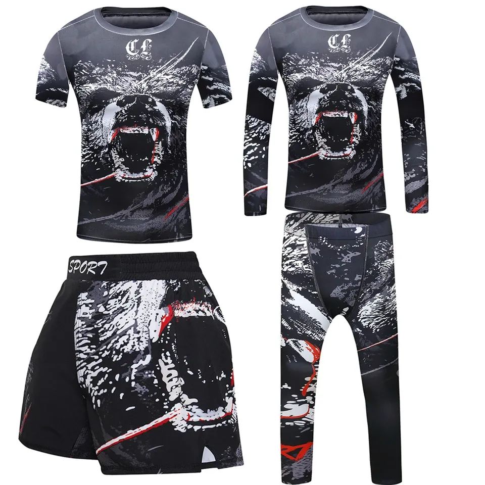 Pantalon 4pcs sport costume enfants compression chemise pantalon short set enfants mma rashguard jiu jusit bjj gi muay thai running sportivet sportsuits