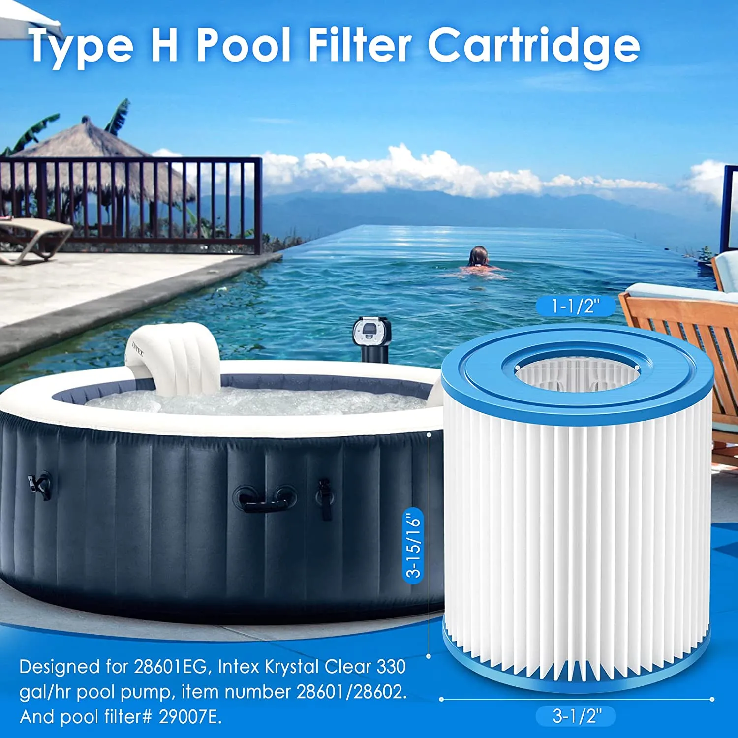 Typ H Pool Filters Cartridge 29007E Kompatibel med Intex 330 GPH över marken Pool Pump Model #28601EG