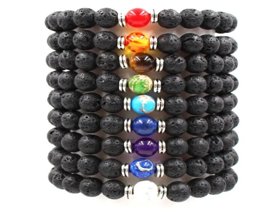 Vulkanisk sten unisex chakra energin armband naturliga svarta lava stenarmband 8mm färgglada strängar pärla armband smycken gåva J3290499