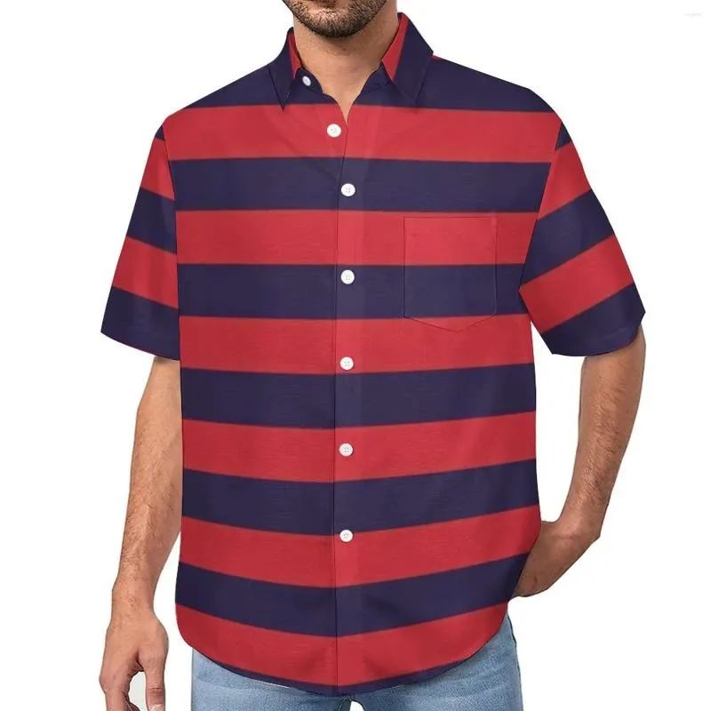Men's Casual Shirts Horizontal Striped Blouses Man Navy Blue Stripes Print Hawaii Short Sleeve Fashion Oversized Beach Shirt Gift