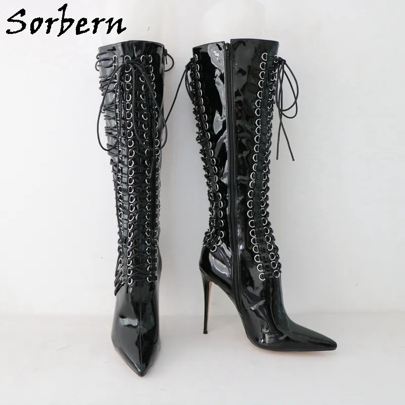 Sorbern Bottes noires brillantes personnalisées Femmes Femme High Multi Lace Up Boches Bottes High Talon Stilettos Point Toe Shoes