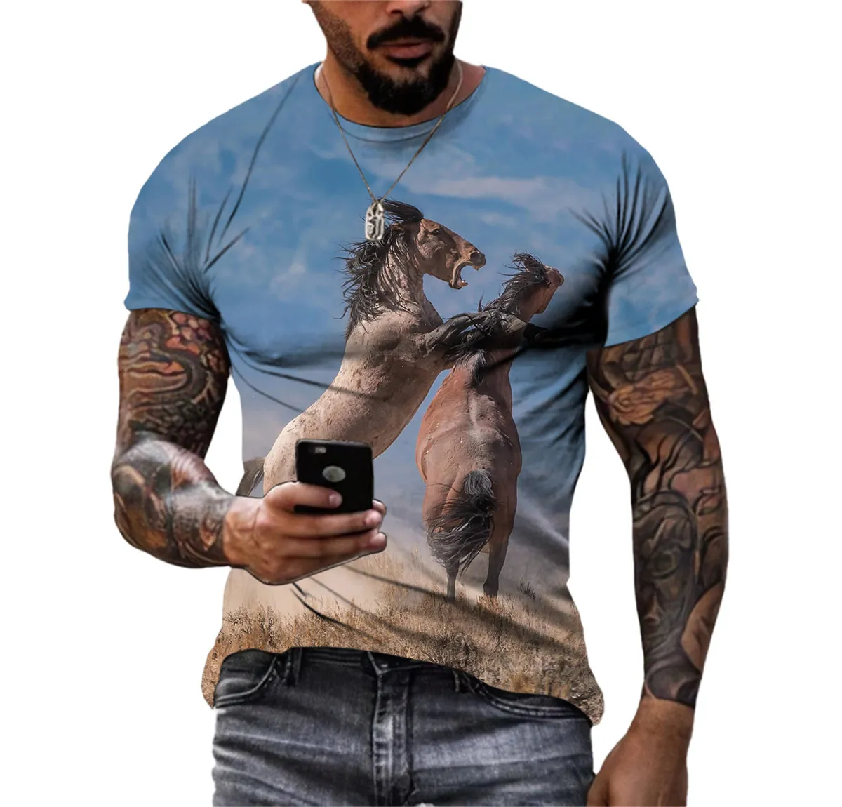 New Personality Funny Horse Summer Men's Hd 3d Printed T-shirt Crew Neck Short Sleeve Wide Comfortable Quick Drying Top Clothing