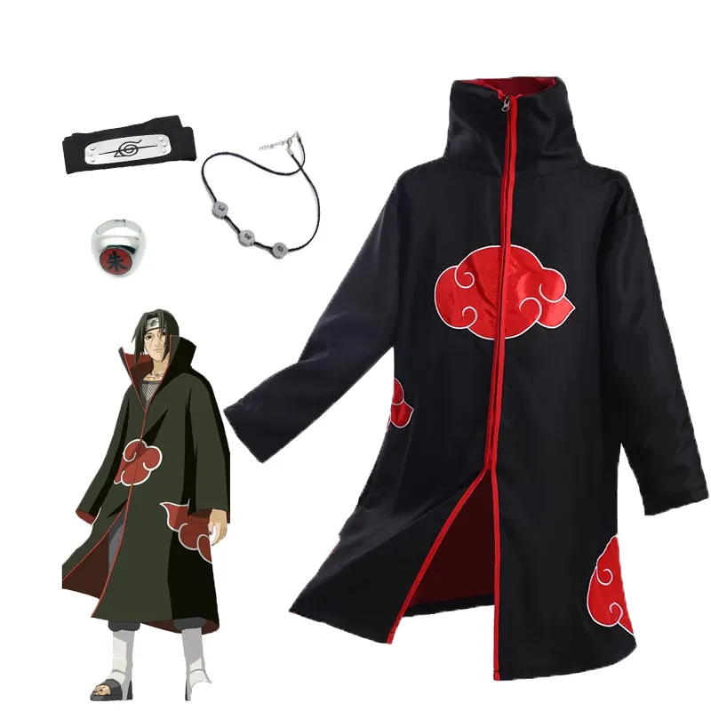 Japanese Ninja Cloak Itachi Cosplay Costume Kids Pain Deidara Fancy Halloween Suit Unisex Anime Cool Outfit Zipper Black Coat