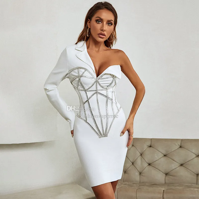 women's dress rhinestone sexy one shoulder one sleeve bandage mini dress hot drill bag slim hip lady pencil dresses wear HL1821