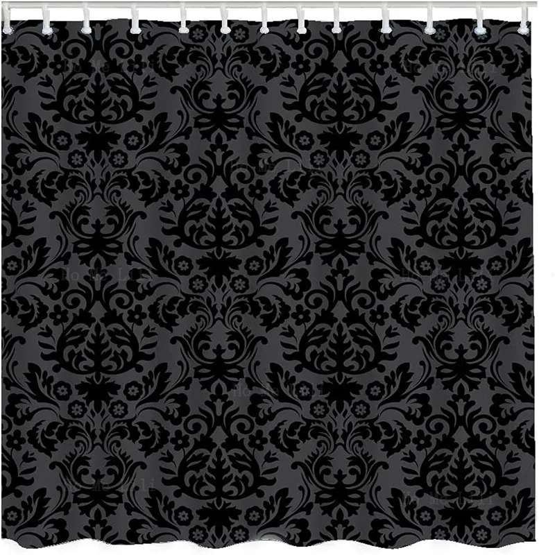 Rideau de douche de damasque noir vintage feuillage floral baroque accessoires de salle de bain résistant à l'eau pour les décorations de maison sombres