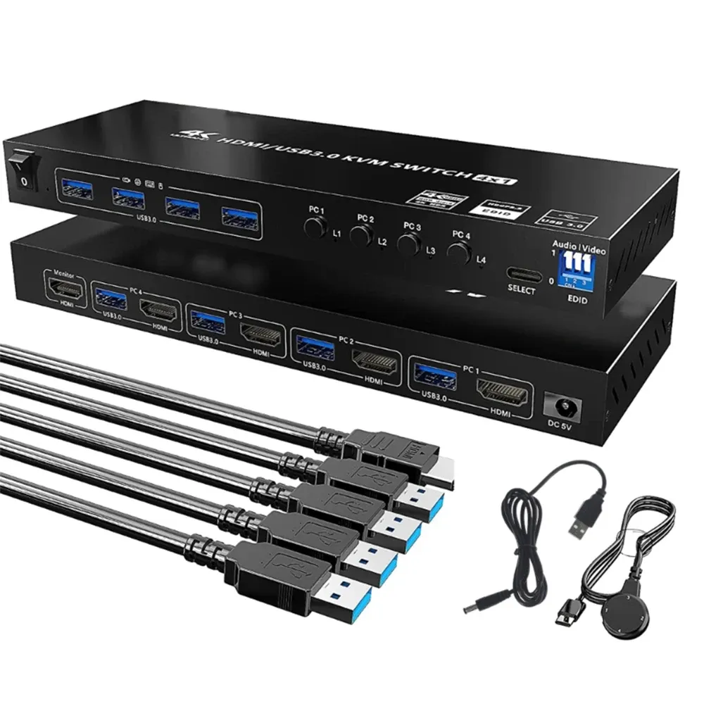 Interruptores 4K KVM Switch Quad Multi Visor 4 en 1 out USB 3.0 HDR HDR EDID Procesador HDMI para 4 PC Teclado compartido y impresión del mouse