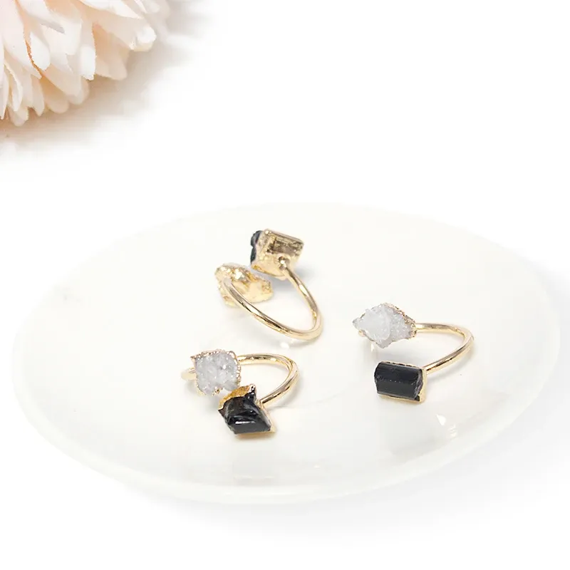 Druzy Crystal Black Tourmaline Open Ring Golden onregelmatige handgemaakte rauwe stenen vinger sieraden verstelbare maat