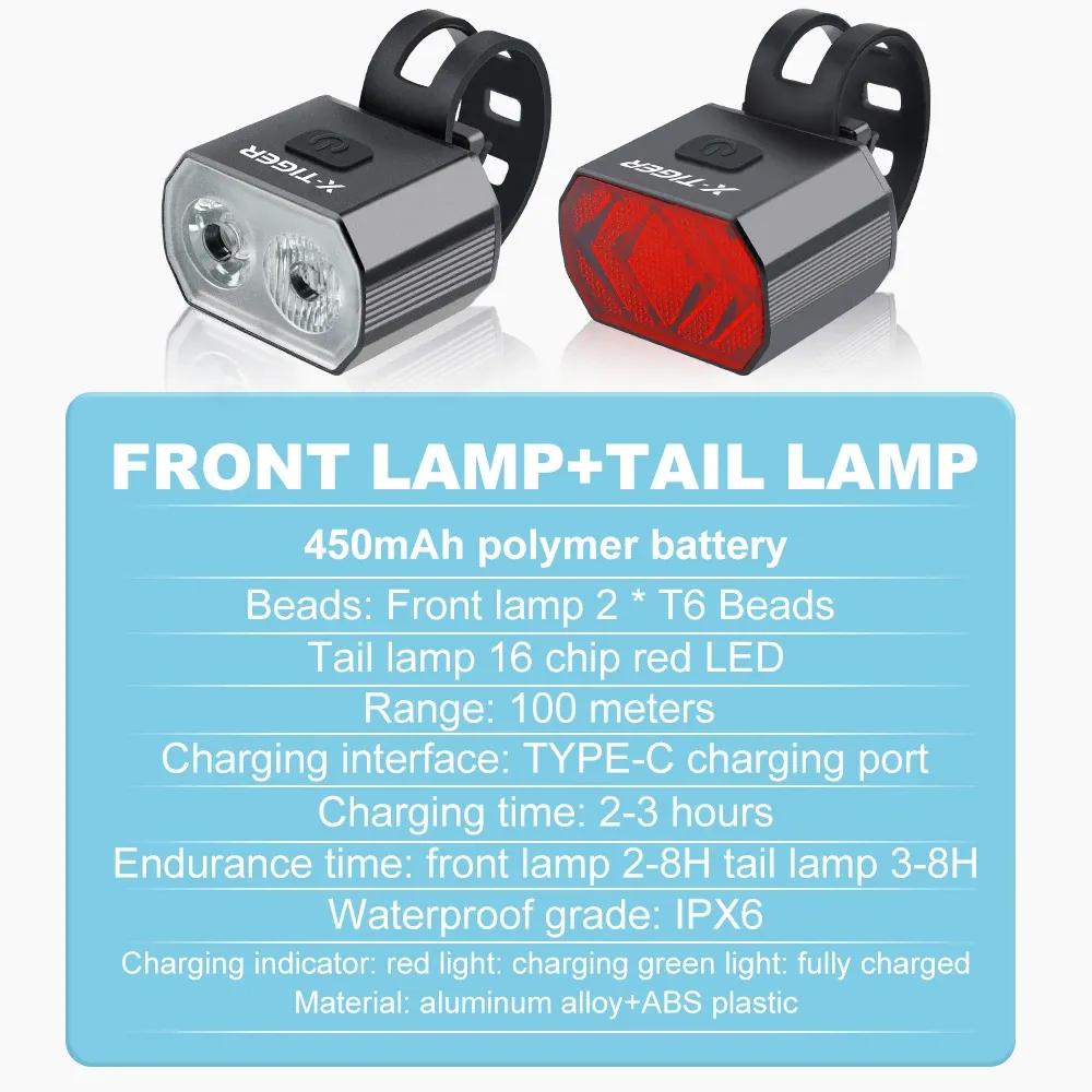 X-Tiger Bicycle Front Rear Light Set USB Charge Bike Headlight Light Waterproof Taillight LEDランタン自転車ランプアクセサリー