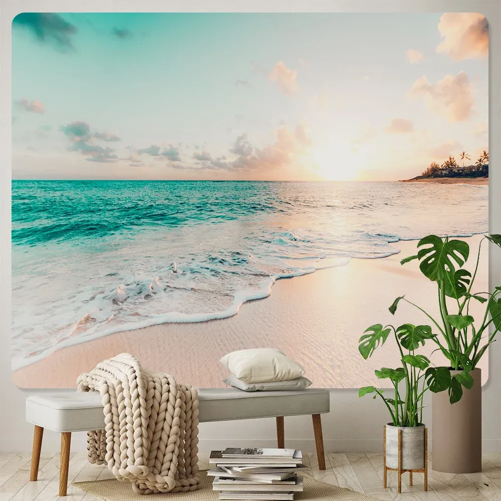 Heminredning Seaside Sunrise Art Print Tapestry Hippie Boho Psychedelic Scene Wall For Bedroom Living Room Tapiz