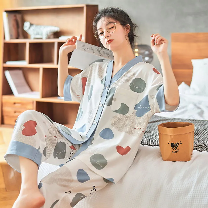 2023 Japan Summer Sweet Kimono dames korte slaap tops kalf pant pyjama's set dames schattige huiskleding slaapkleding pyjama pour