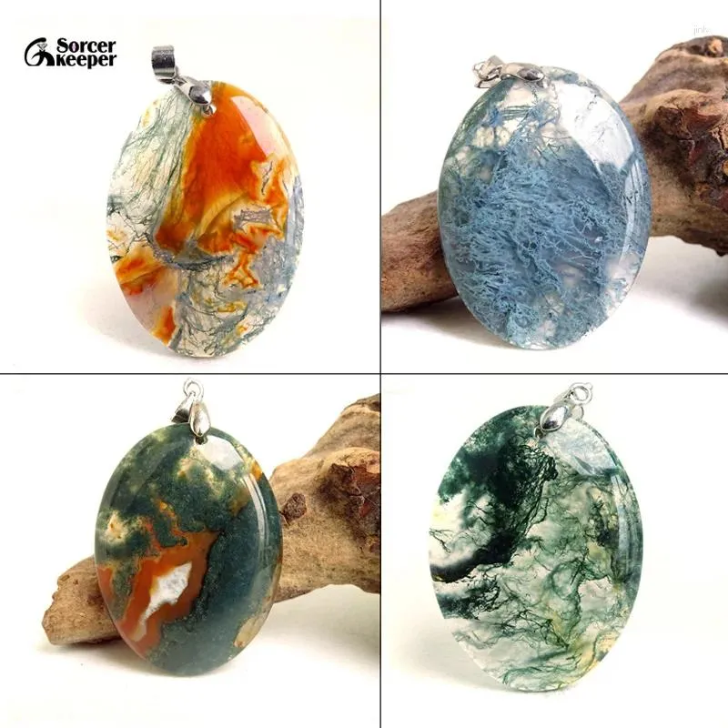 Colares pendentes femininos naturais femininos femme gargantilha oval pingentes à mão feita de musgo dendrítica AGATE Stone Beds para jóias fazendo BM650H