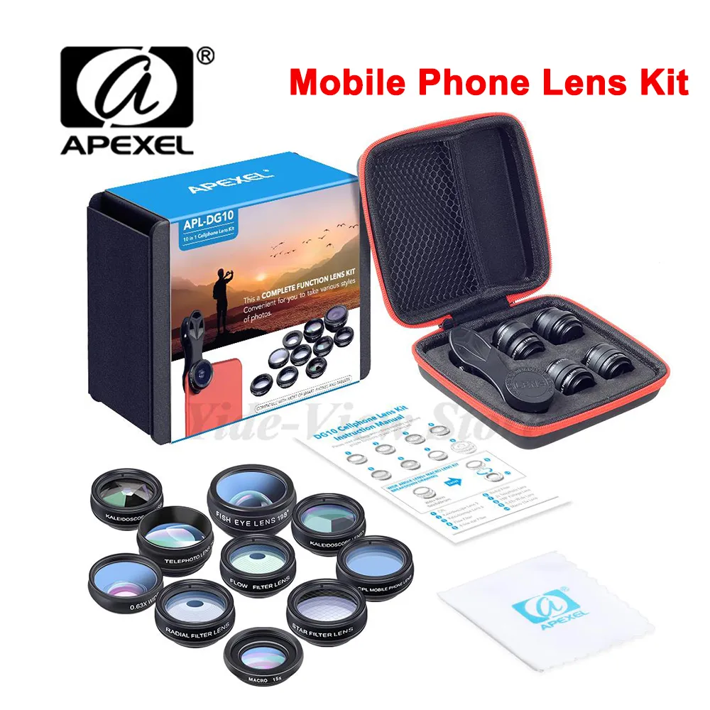 Apexel Professional Mobile Phone Lens Kit с макроугольником Fisheye Lens Lens Cpl ND32 Star Filter для однократных телефонов с двойной камерой