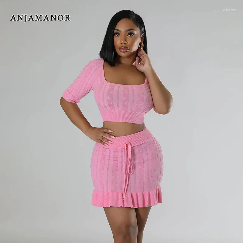 Arbeitskleider Anjamanor Strickpullover Kleid Set 2 Stück für Frauen Crop Top und Minirock-passende Sets süße sexy Sommeroutfits 2024 D78-GZ31