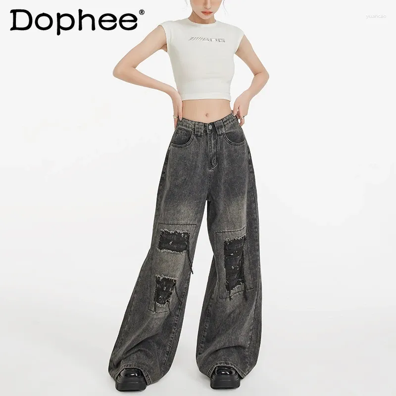 Dżinsy damskie czarne zryta łata luźna letnia amerykańska retro biała design proste spodnie szerokie nogi spodnie workowate