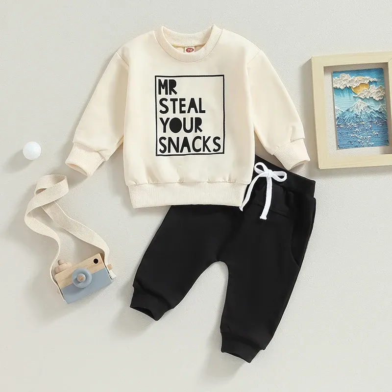 Broek babymeisjes herfstkleding pasgeboren peuter boys 2pcs sets sets met lange mouwen letters sweatshirt tops en trekkoord broek outfits