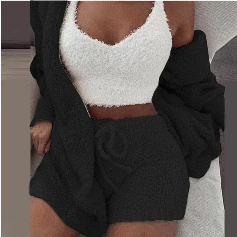 2023 New Winter Women Velvet Pajamas Set Sexy v Beck Crip Top+Shorts+Cardigans Coat 3 VIATES SUB