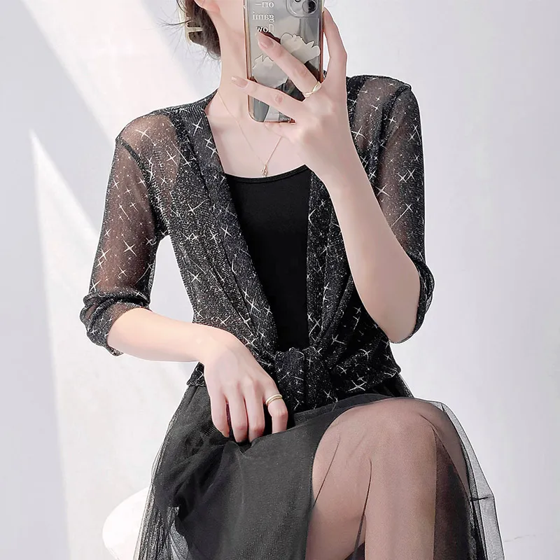 Black Lace Bolero Jacket for Women, Elegant Hollow Long Sleeve