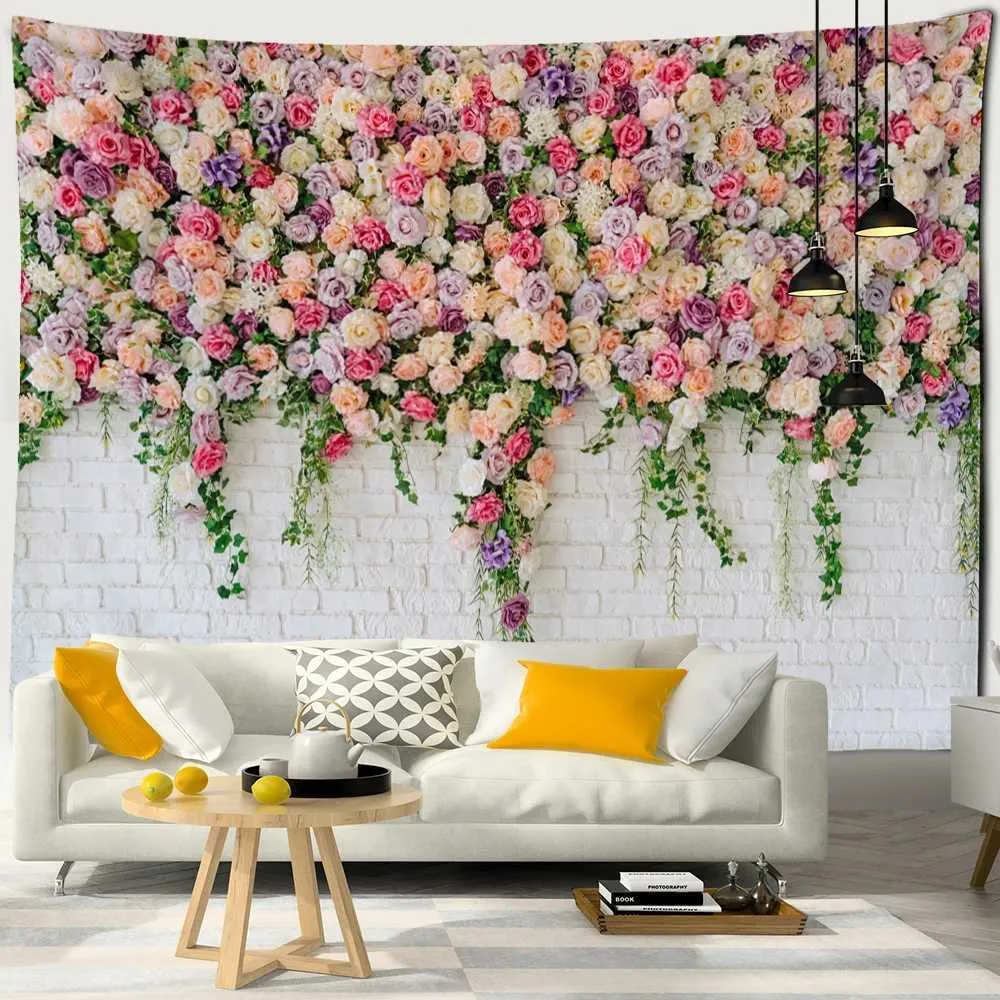 Rose Flower on the Wall Tapestries Tapestry Hanging Boho Hippie Tapiz Art Nature Paisery Aesthetics Room Decoración del hogar R0411