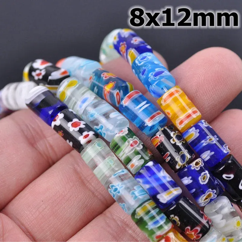 10pcsシリンダーチューブ形状5x7mm 8x12mmミックスフラワーパターンMillefiori Glass Loose Beads for DIY Craft Jewelry Makinginging