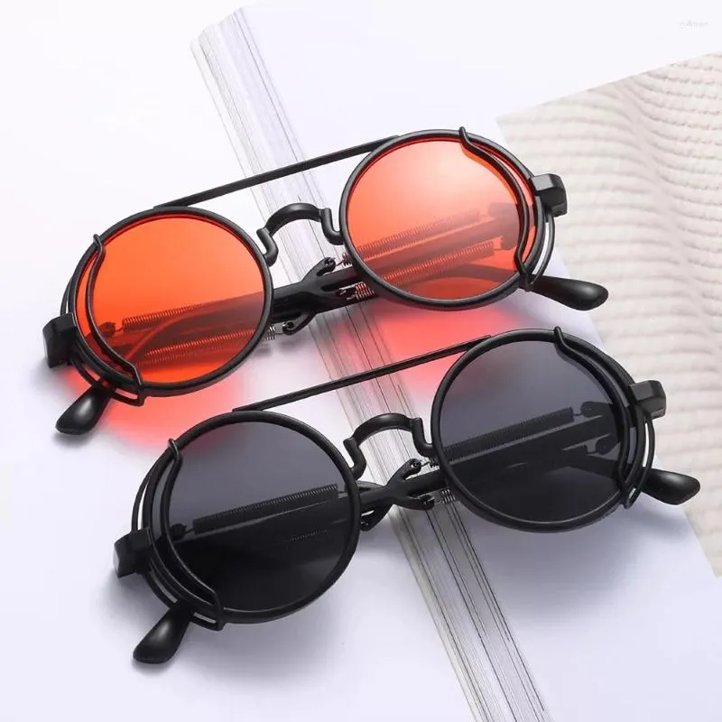 Zonnebril Steampunk Men Dames Ronde metalen frame Punk Dubbele Spring been Zonnebril Merk Ontwerp Classic Gothic Eyewear UV400