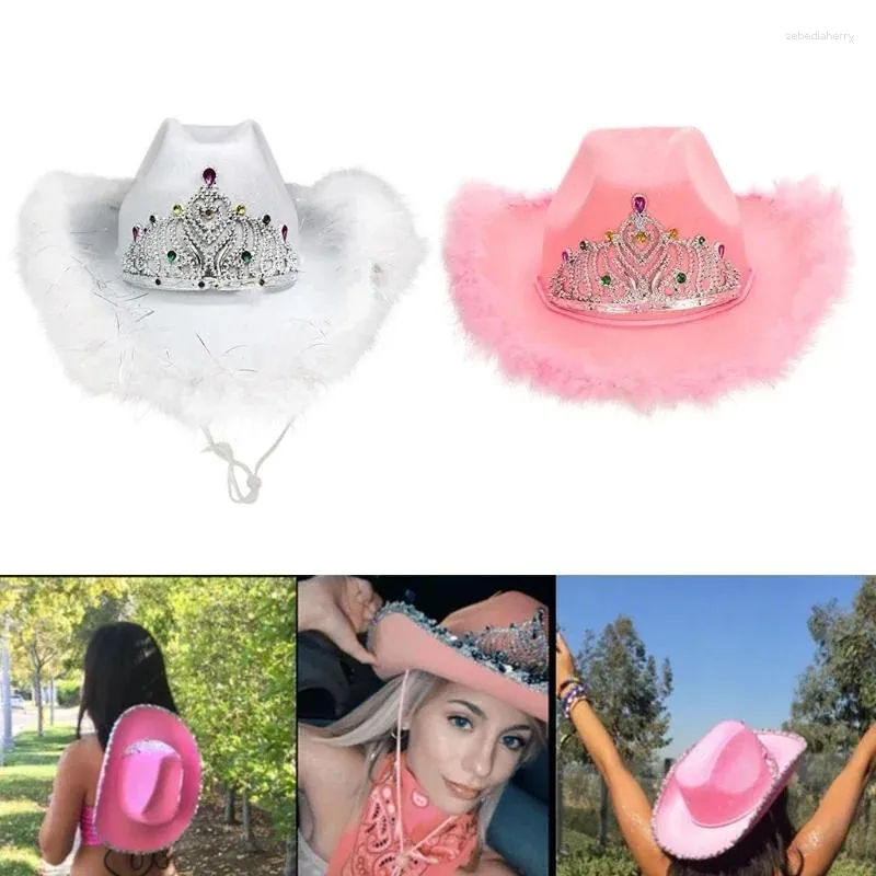 Berets Rhinestones Cowgirl Hat for Woman Mężczyzna oddychające kowbojskie kapelusze z pluszowymi wykończeniami bankiety impreza