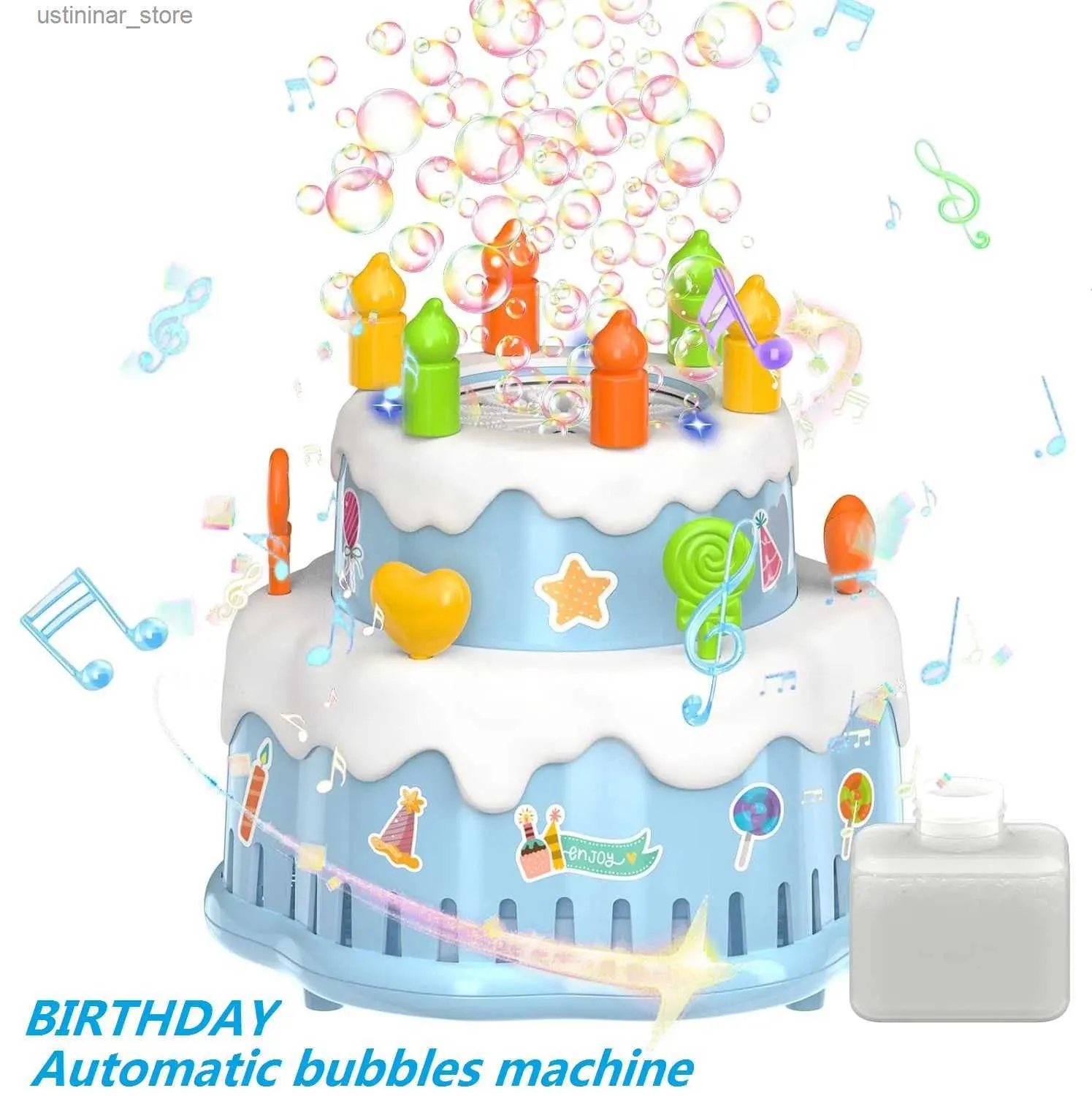 Máquina de bolhas de bolha de bolo de aniversário de água divertida para crianças de 10000+ bolhas por minuto/luzes/tocadores de música s para R Boys Girls Birthday Parties L47