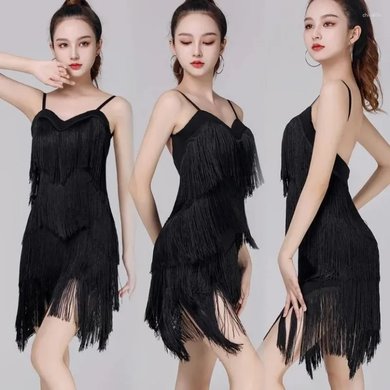 Stage Wear Wave Tassel Dress Summer Suspender Backless National Standard Latin Dance Training Suit