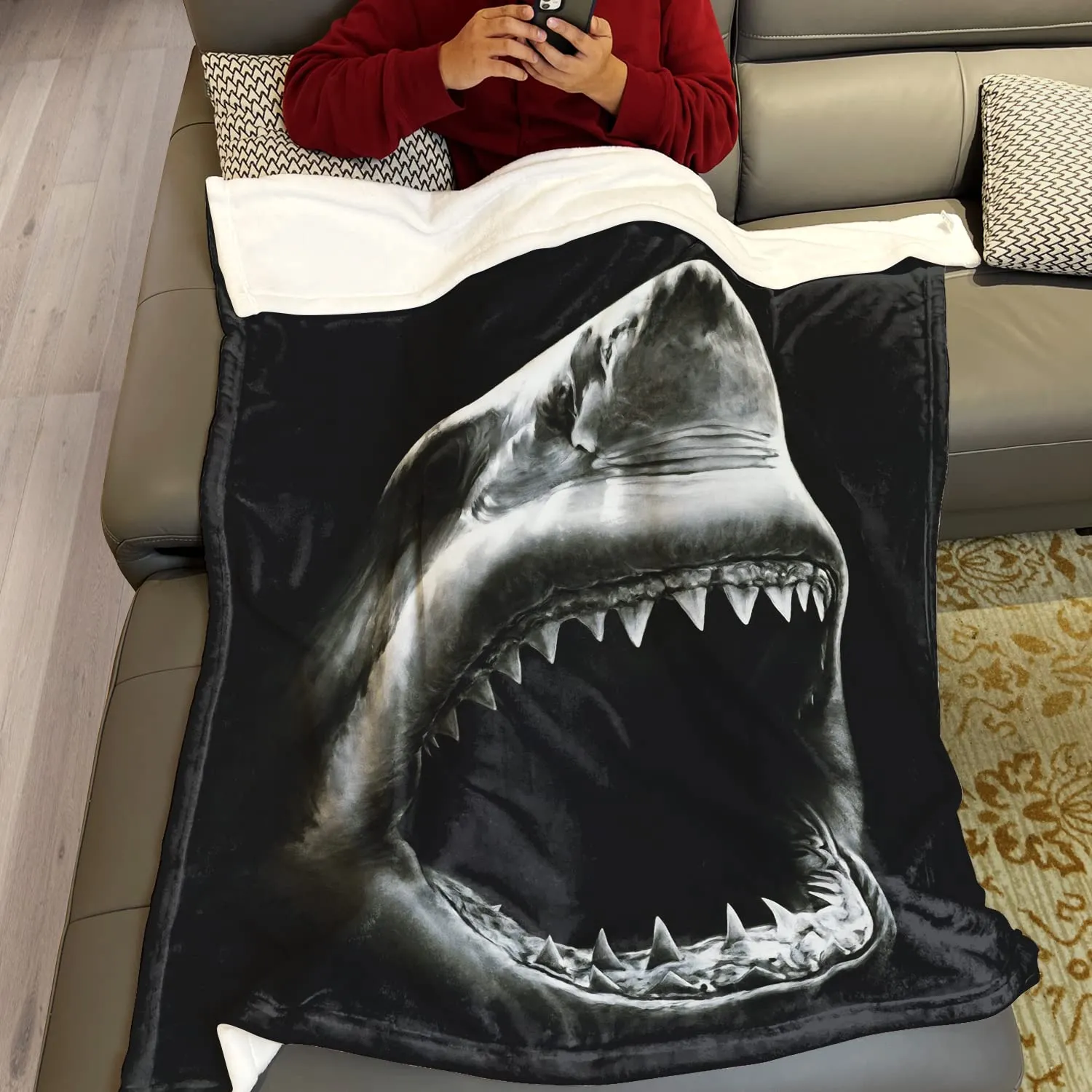 Deep Sea Shark Blanket Comfort Warmth Soft Cozy Easy Care Machine Wash Black Throw Quilt for Sofa Bed Home Decor Gifts