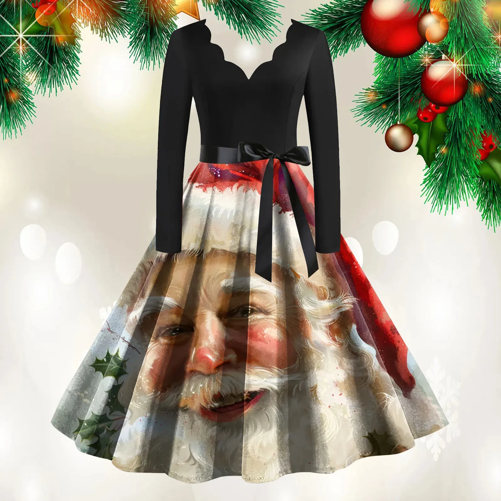 Christmas Printed Long Sleeve V-Neck Ball Christmas Jumper Dress for Women