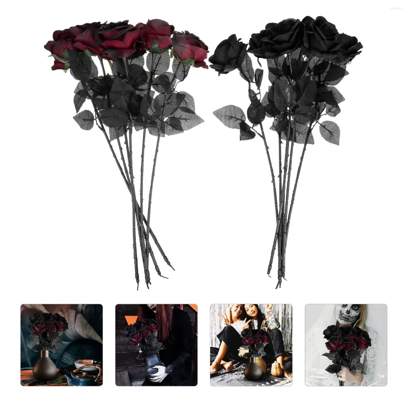 Flores decorativas 12 PCs Black Rose Halloween Festa fornece horrível modelo de decoração artificial de decoração de seda