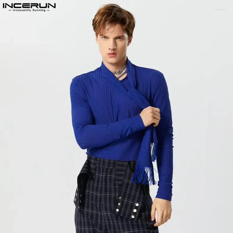 Men's T Shirts Stylish Tops INCERUN 2024 Men Knitted Pit Neckline Tie T-shirts Casual Tassel Tight Elastic Long Sleeved Camiseta S-5XL
