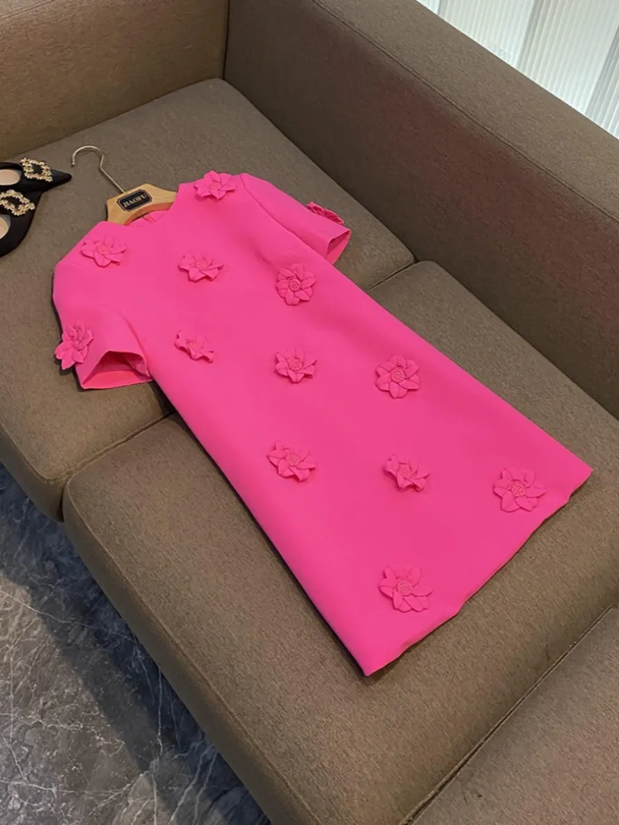 Leer Autumn Hot Pink Solid Color 3d Flowers Panel Kleding Korte Mouw Ronde Hals Korte Casual jurken O3G292658