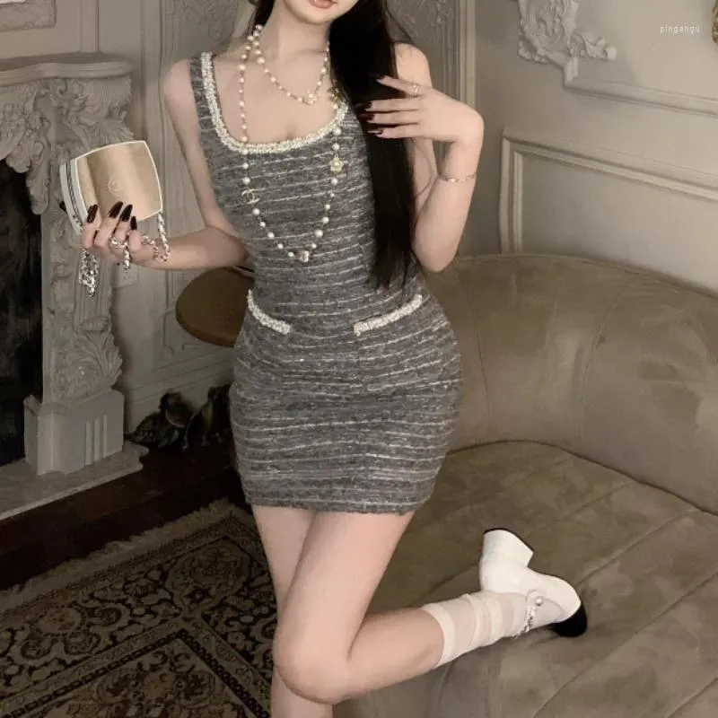 Casual Dresses Beaded Square Collar Tweed Vest Dress Women Spring Summer Fashion Sexy Party Korea Chic Small Fragrance Sleeveless Lady