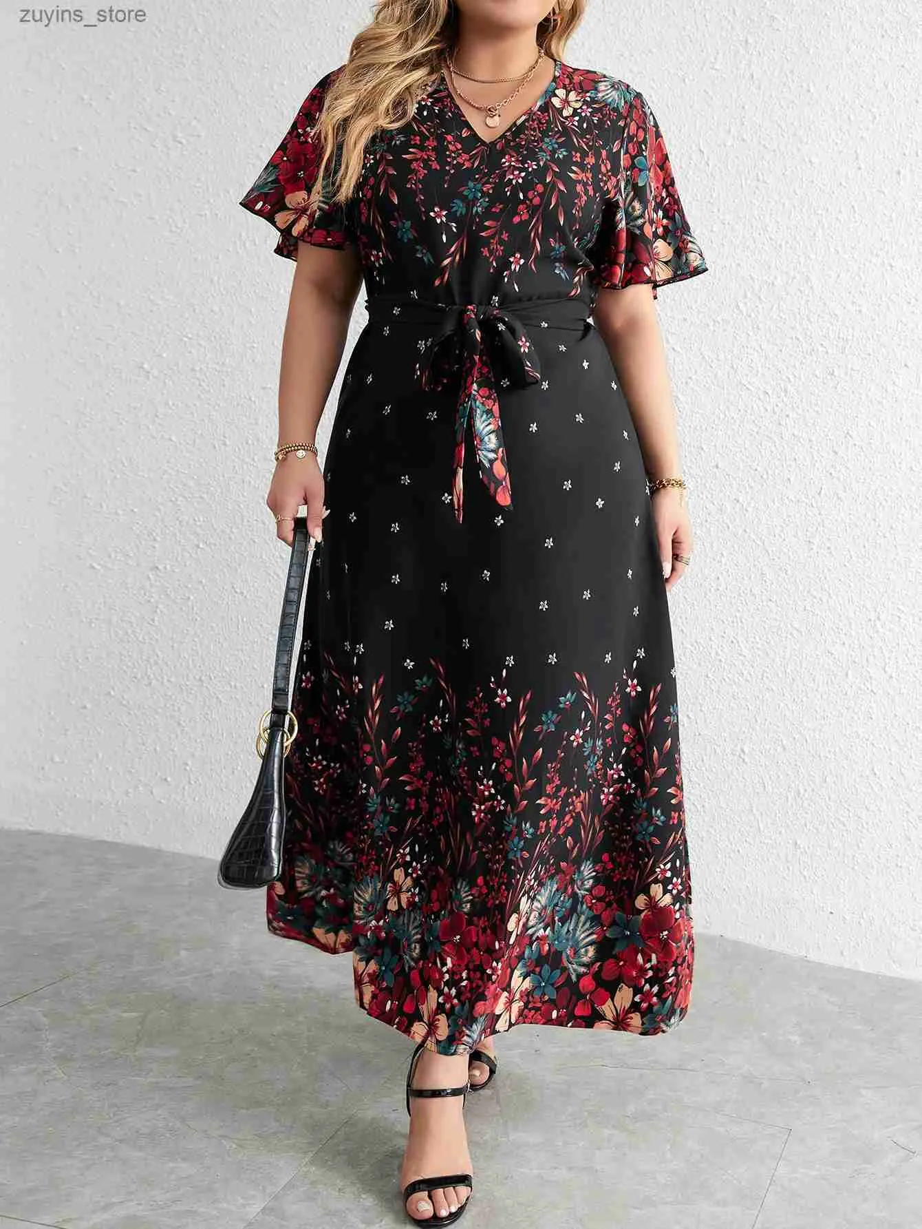 Basic lässige Kleider Plus Size Casual Kleider Frau 2023 Sommer gegen Nacken kurzärmelig Blumendruck Langes Kleid Schwarze Krümmungsgröße Frauen Kleidung L49