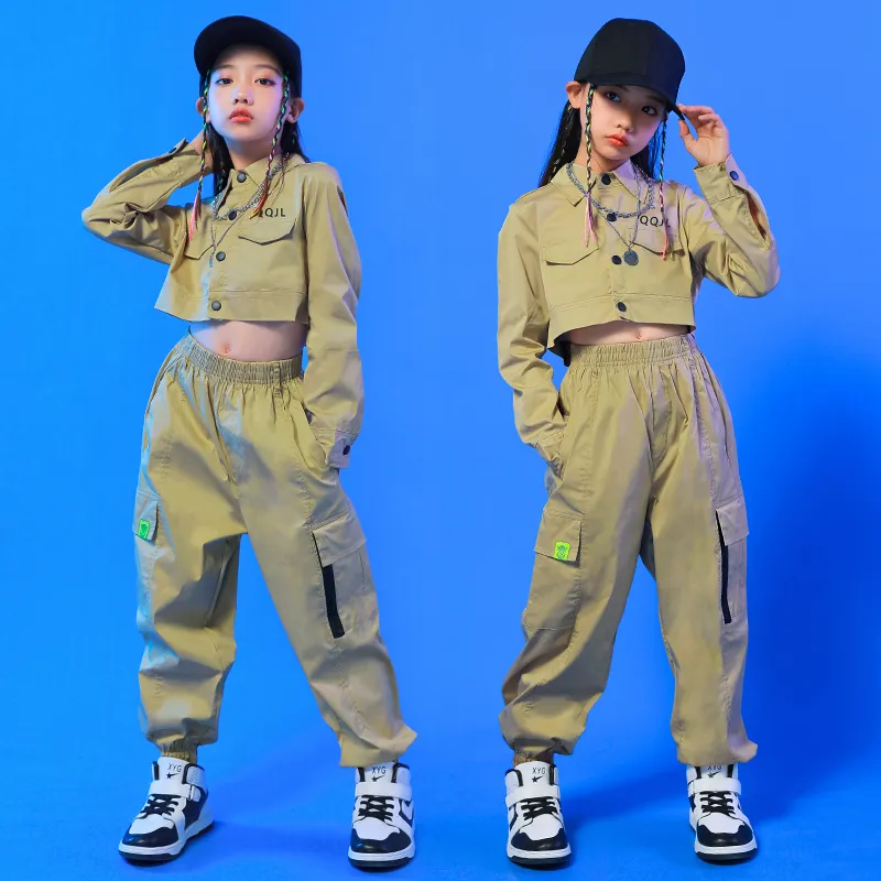 Kinder Teen Ballsaal Hip Hop Kleidung Khaki Hemd Jacke Crop Top Streetwear Cargo Joggerhosen für Mädchen Tanzkostüm Kleidung