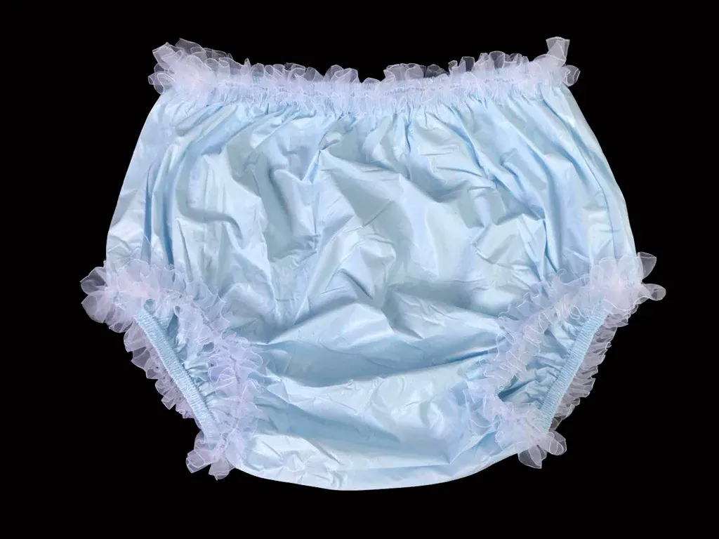 Trousers ABDL Adult Incontinence Pullon Plastic Pants Lace Panties Color Baby Blue With White Lace