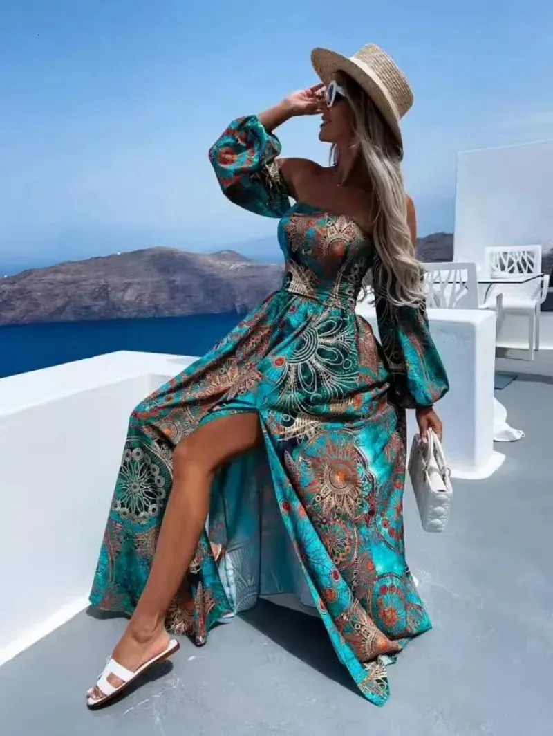 Dress Fashion Dress One Line Neck Długie rękawie z nadrukiem nadrukowane bohemijska kostka podzielona 240329