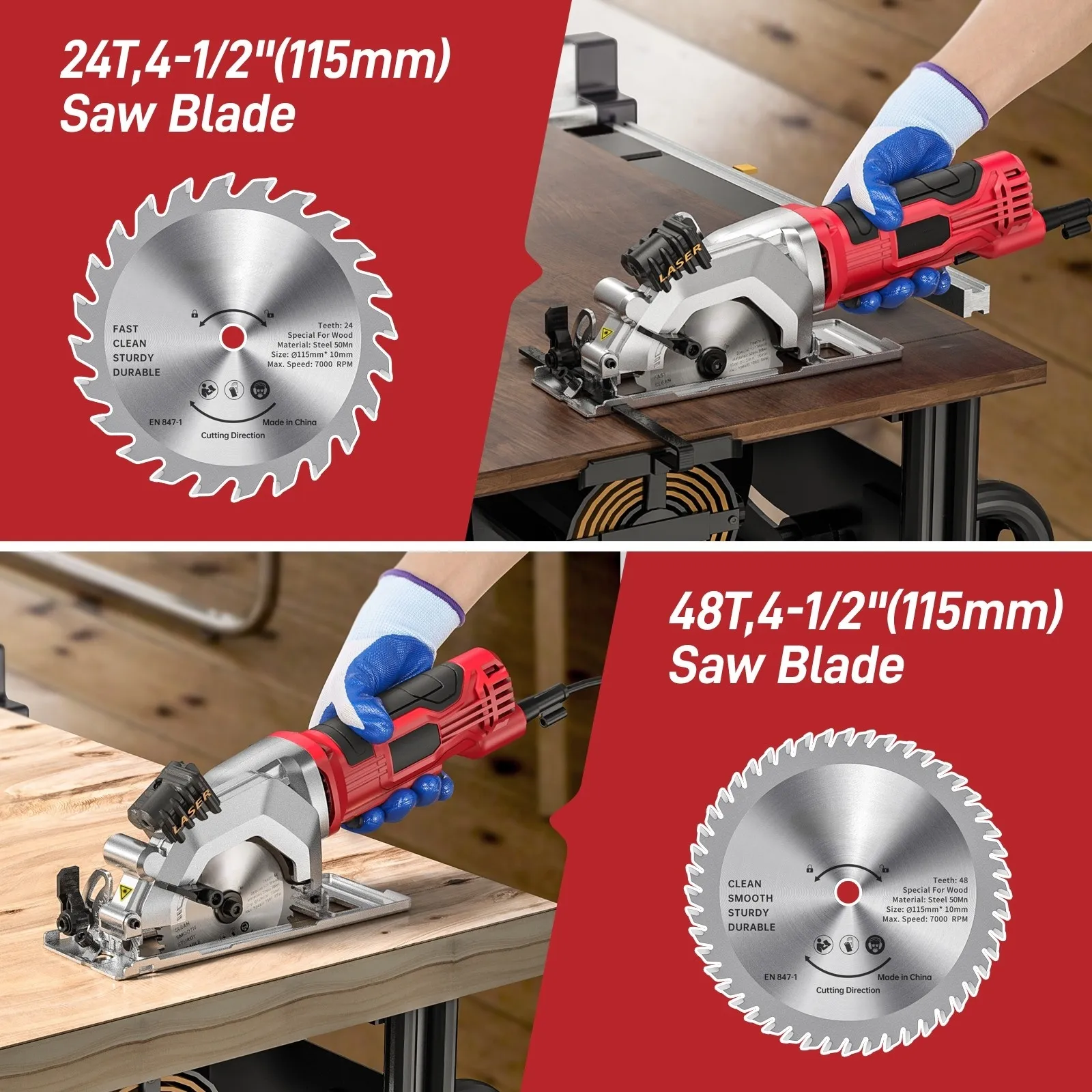 580W 115 mm MINI PORTABLE SAVE CIRCULAIRE 24 et 48 Guide laser à lame TCT pour les outils d'alimentation de coupe de tuyaux en PVC en bois