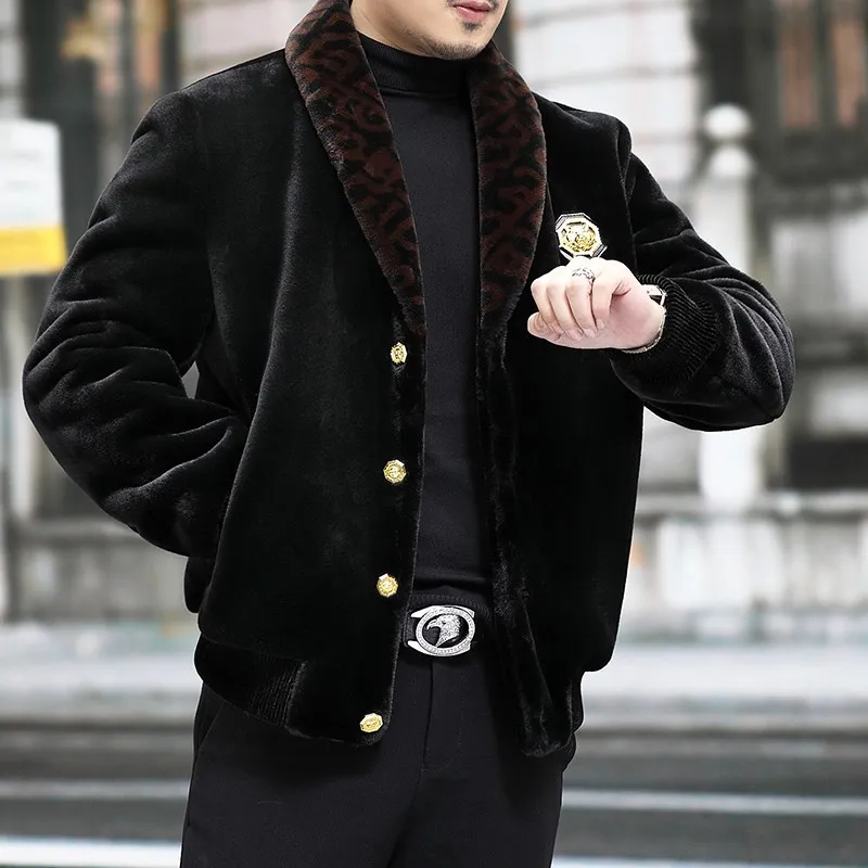 Mens Mink Fur Jacket Winter Velvet Bomber Coat with Zipper Closure