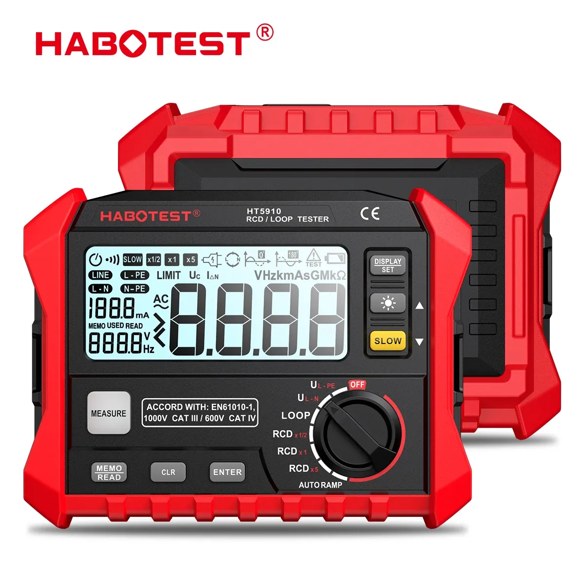 HT5910 Testeur de commutateur de fuite du compteur de résistance 4.7 pouces LCD Digital RCD / LOOP TESTER 1000 Tester électricien de stockage de stockage de données