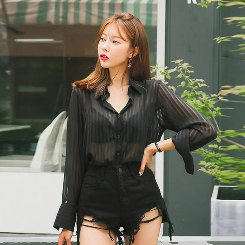 Womens Transparent Black Satin Striped Top: Sexy See-through