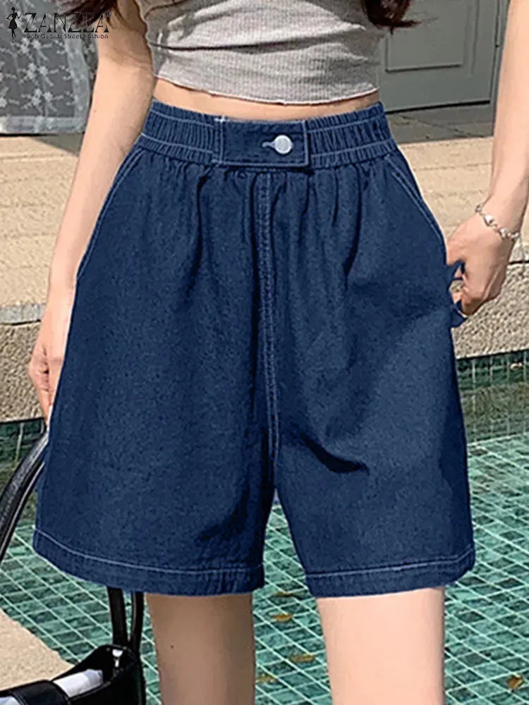 Shorts blu in denim di moda ZANZEA Summer Casual Elastic Women Solid Women Elegant Ol Work Pantalon Wide Leg Beach 240411