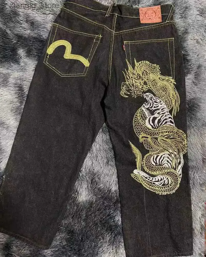 Herren Jeans Harajuku Retro Hip Hop Dragon Muster Jeans Schwarz übergroß