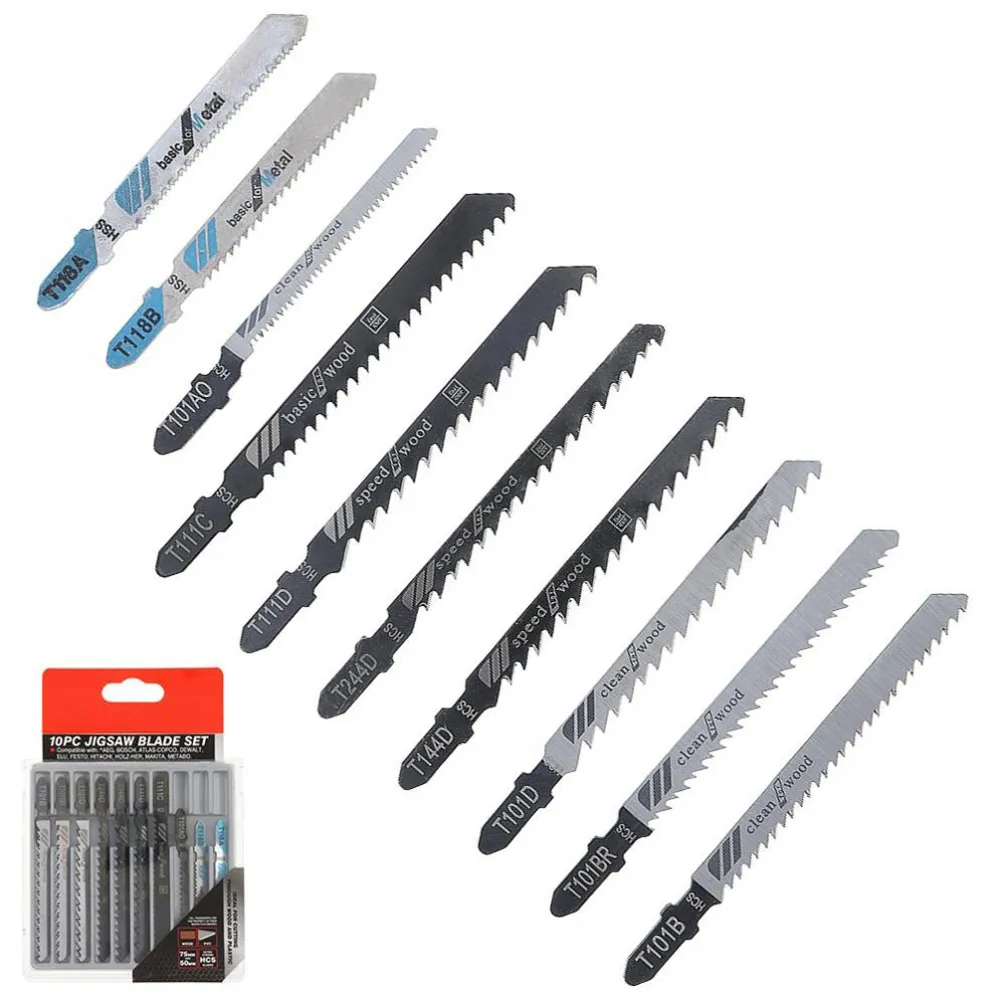 Stonego 10pcs Metal and Steel Jigsaw Blade Zestaw do cięcia plastiku i drewna kompatybilnego z tączami narzędzia do obróbki drewna