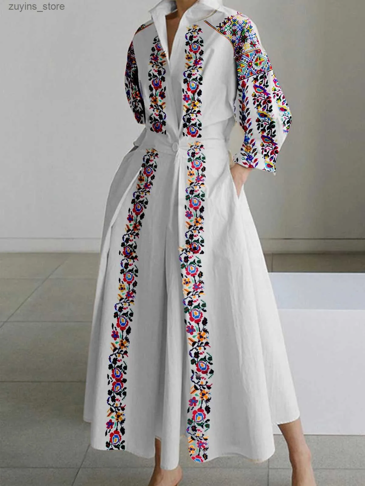 Robes décontractées de base plus robe de taille pour les femmes au cou coulle A-ligne plissée à imprimé floral à collier une robe de chemise bouton