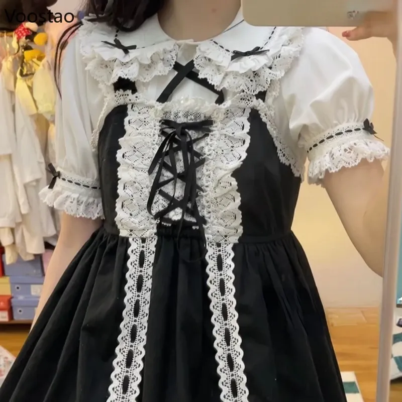 Japansk vintage söt lolita skjortor kvinnor kawaii bow peter pan krage kort/lång ärm blusar flickor gotiska jk blusas mujer