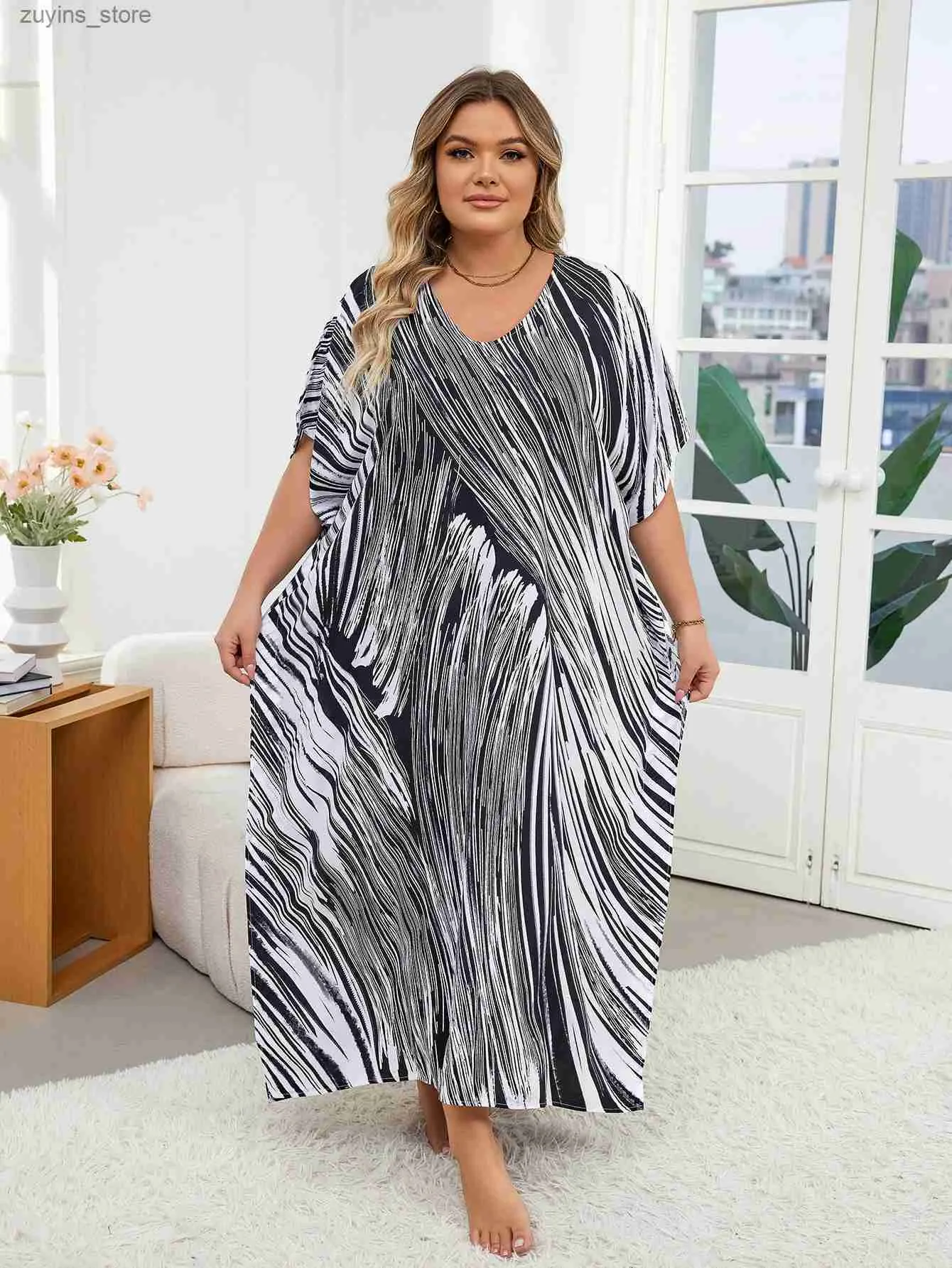 Grundläggande casual klänningar Elegant randig sidoslösta plus storlek kaftan klänning för kvinnor 2024 sommar sexig v nack batwing hylsa strandkläder maxi klänningar q1594 l49