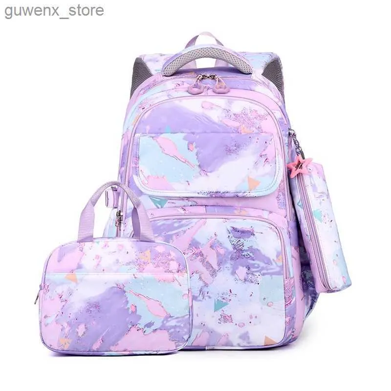 Рюкзаки Новый 3-часовой рюкзак для детей Симпатичный рюкзак Водонепроницаемый школьная сумка подходит для девочек с сумкой для обеда и карандашом Y240411