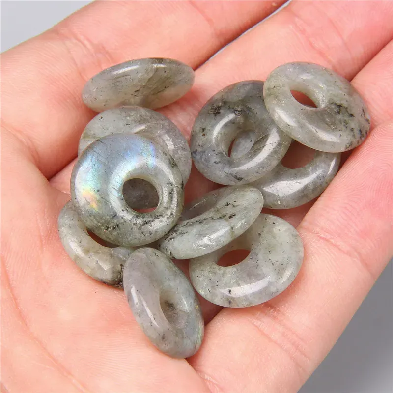 5st 18mm Round Donut Charms 5mm Big Hole Natural Stone Quartz Crystal Gogo Semi-Porous Pendant Diy Necklace Earring Making Making